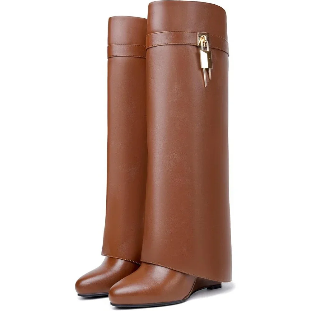 Women Faux Leather Brown Pull-on Wedge Heel Knee Shark Padlock Design Boot